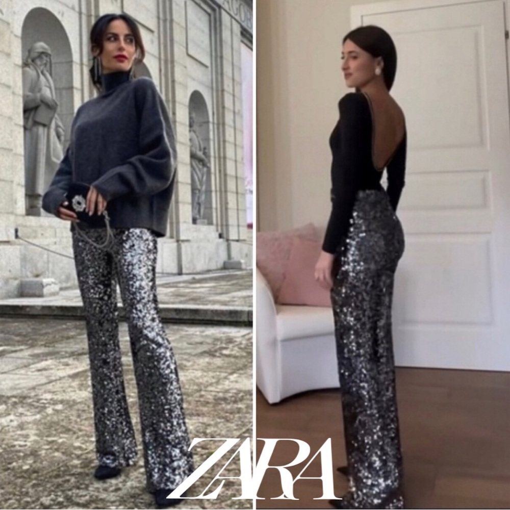 ZARA SILVER SEQUIN LEGGINGS/ FLARE PANTS